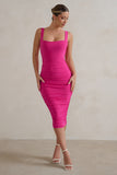 Lisbon Hot Pink Square Neck Ruched Midi Dress