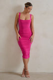 Lisbon Hot Pink Square Neck Ruched Midi Dress