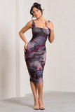 Lisbon Marble Blue Print Square Neck Ruched Midi Dress