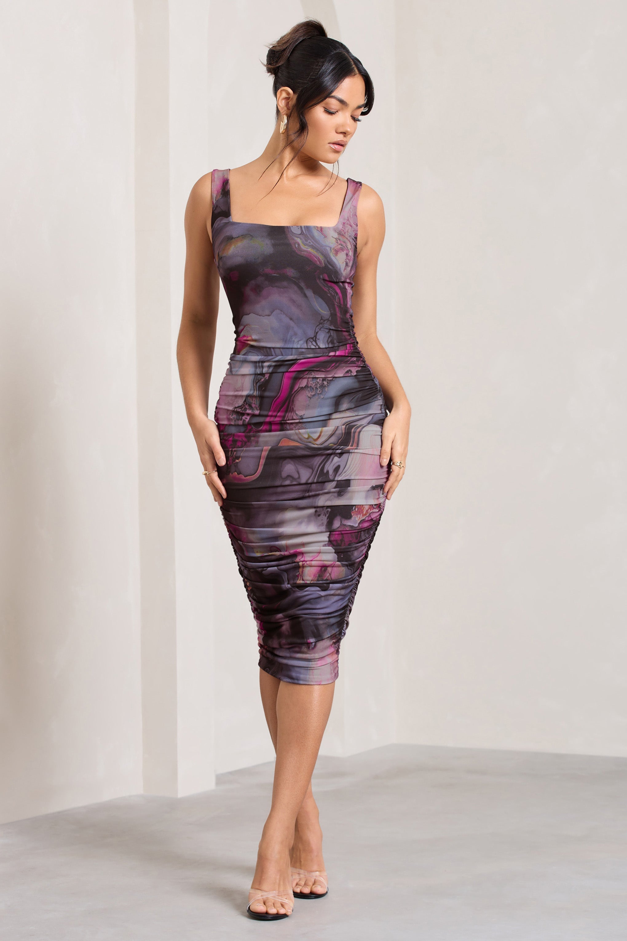 Lisbon Marble Blue Print Square Neck Ruched Midi Dress