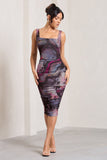 Lisbon Marble Blue Print Square Neck Ruched Midi Dress