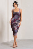 Lisbon Marble Blue Print Square Neck Ruched Midi Dress