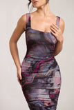 Lisbon Marble Blue Print Square Neck Ruched Midi Dress