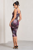 Lisbon Marble Blue Print Square Neck Ruched Midi Dress