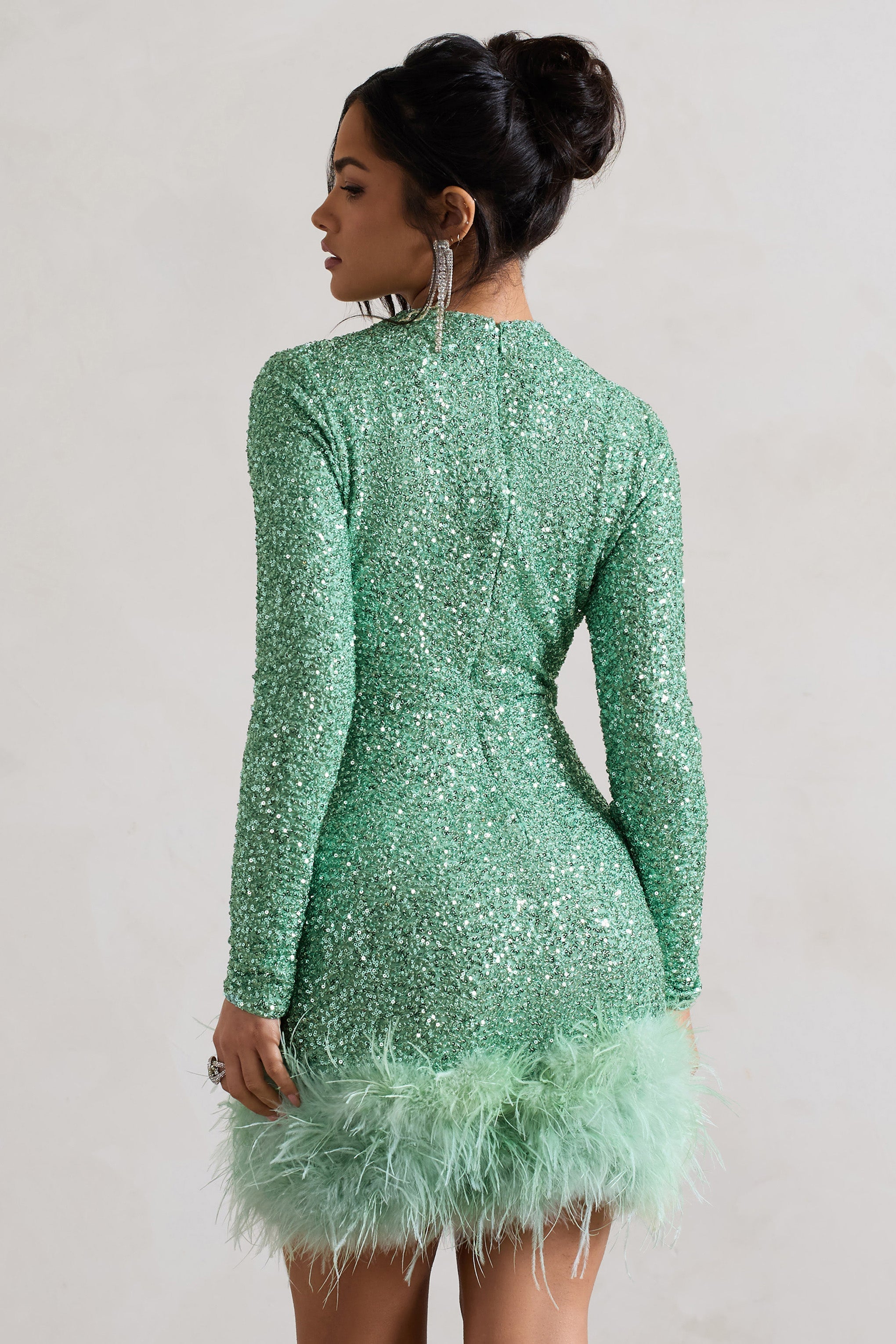 Claudia Mint Sequin High Neck Feather Hem Mini Dress With Long Sleeves