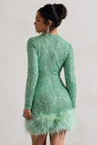 Claudia Mint Sequin High Neck Feather Hem Mini Dress With Long Sleeves