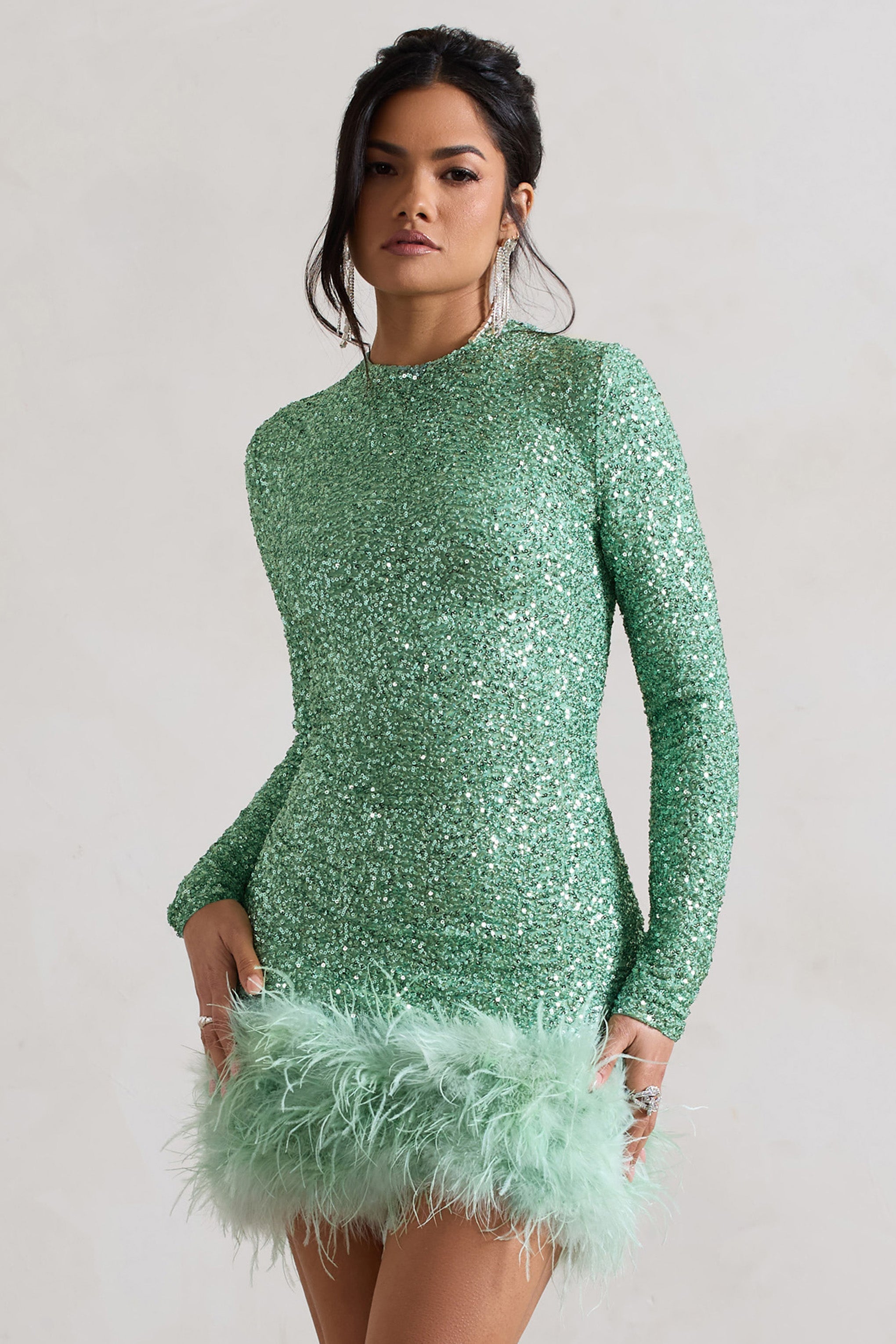Claudia Mint Sequin High Neck Feather Hem Mini Dress With Long Sleeves
