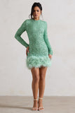 Claudia Mint Sequin High Neck Feather Hem Mini Dress With Long Sleeves