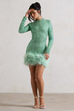 Claudia Mint Sequin High Neck Feather Hem Mini Dress With Long Sleeves