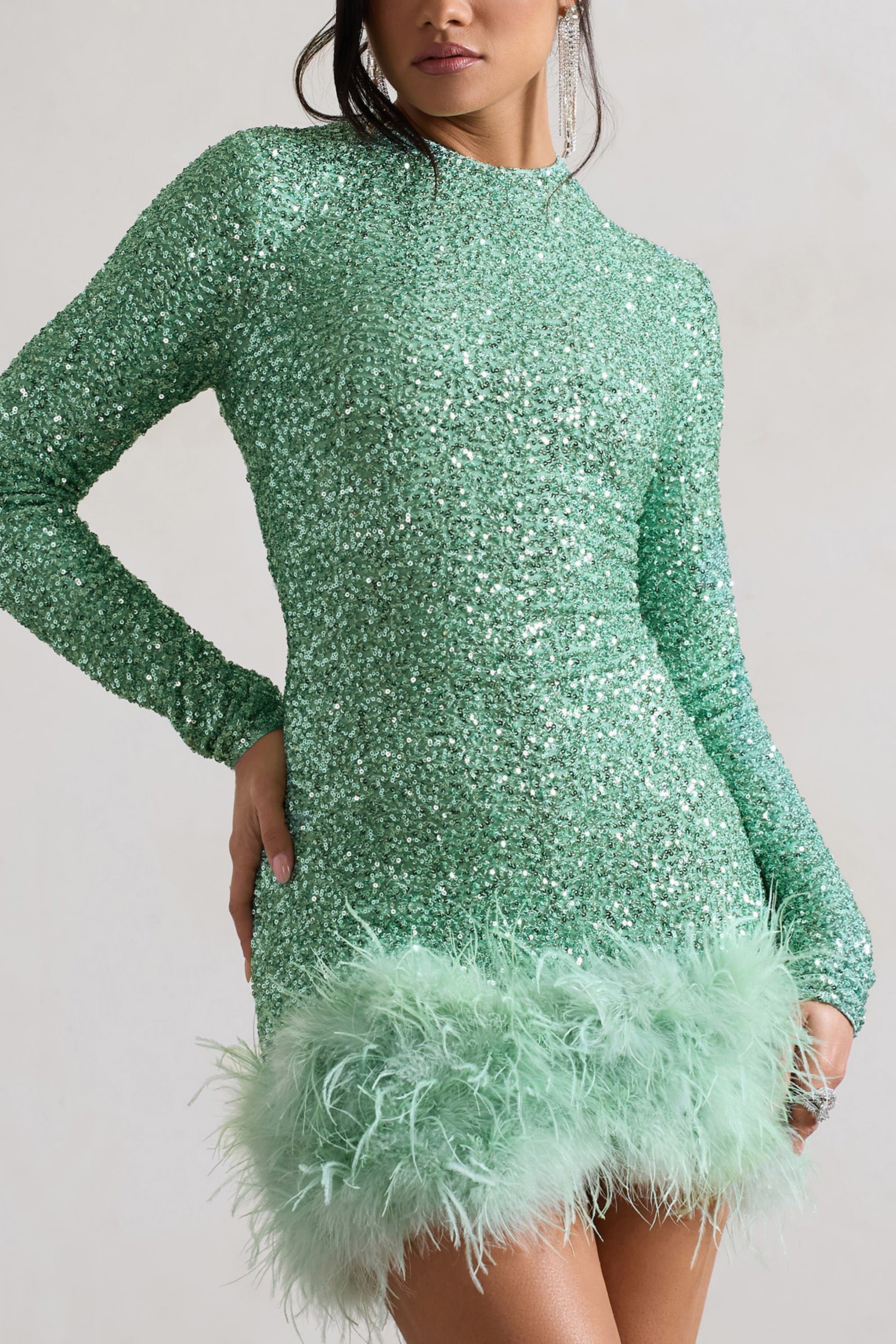Claudia Mint Sequin High Neck Feather Hem Mini Dress With Long Sleeves