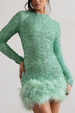 Claudia Mint Sequin High Neck Feather Hem Mini Dress With Long Sleeves