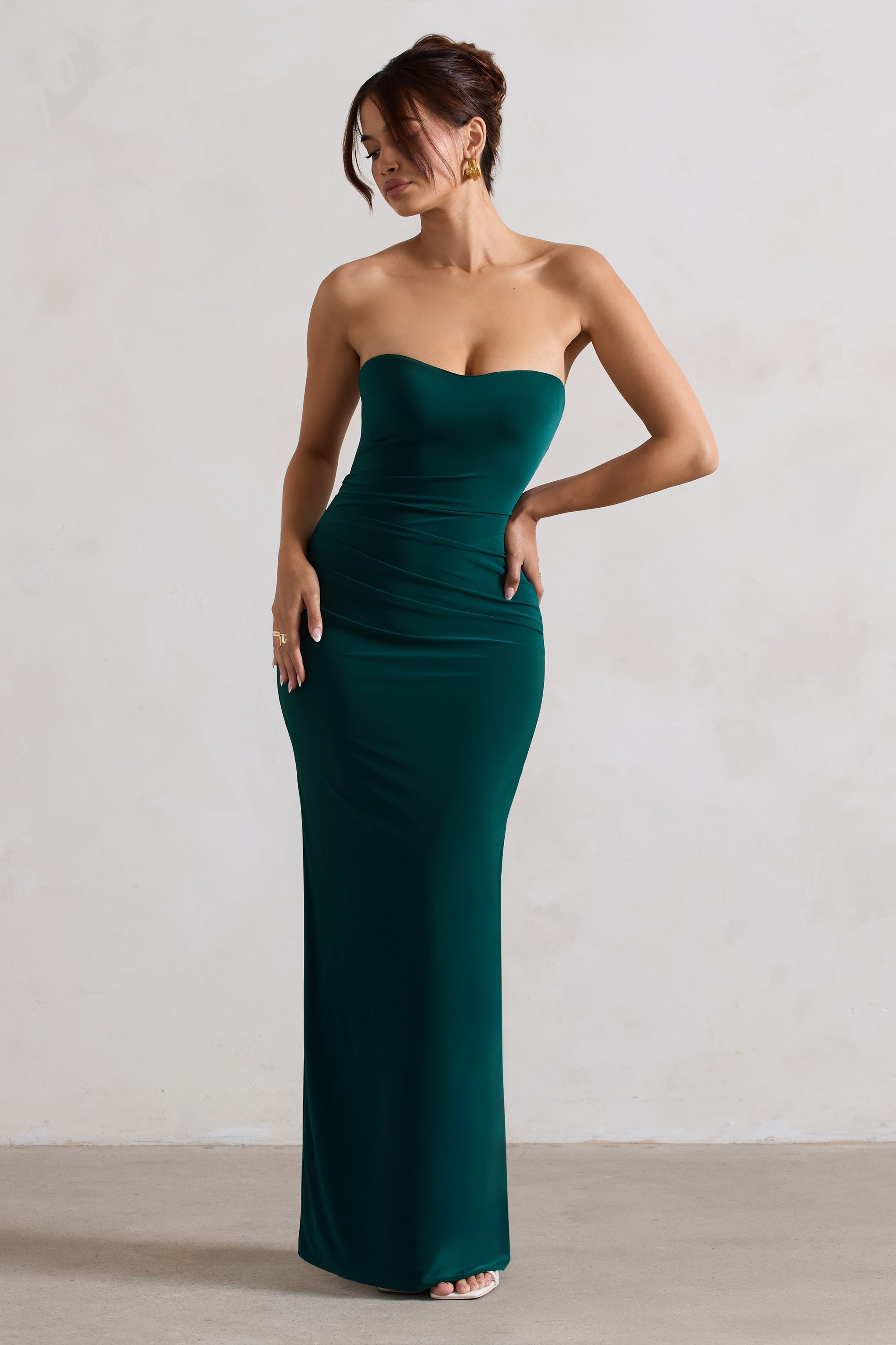 Manon Bottle Green Sweetheart Bandeau Maxi Dress With Thigh Split