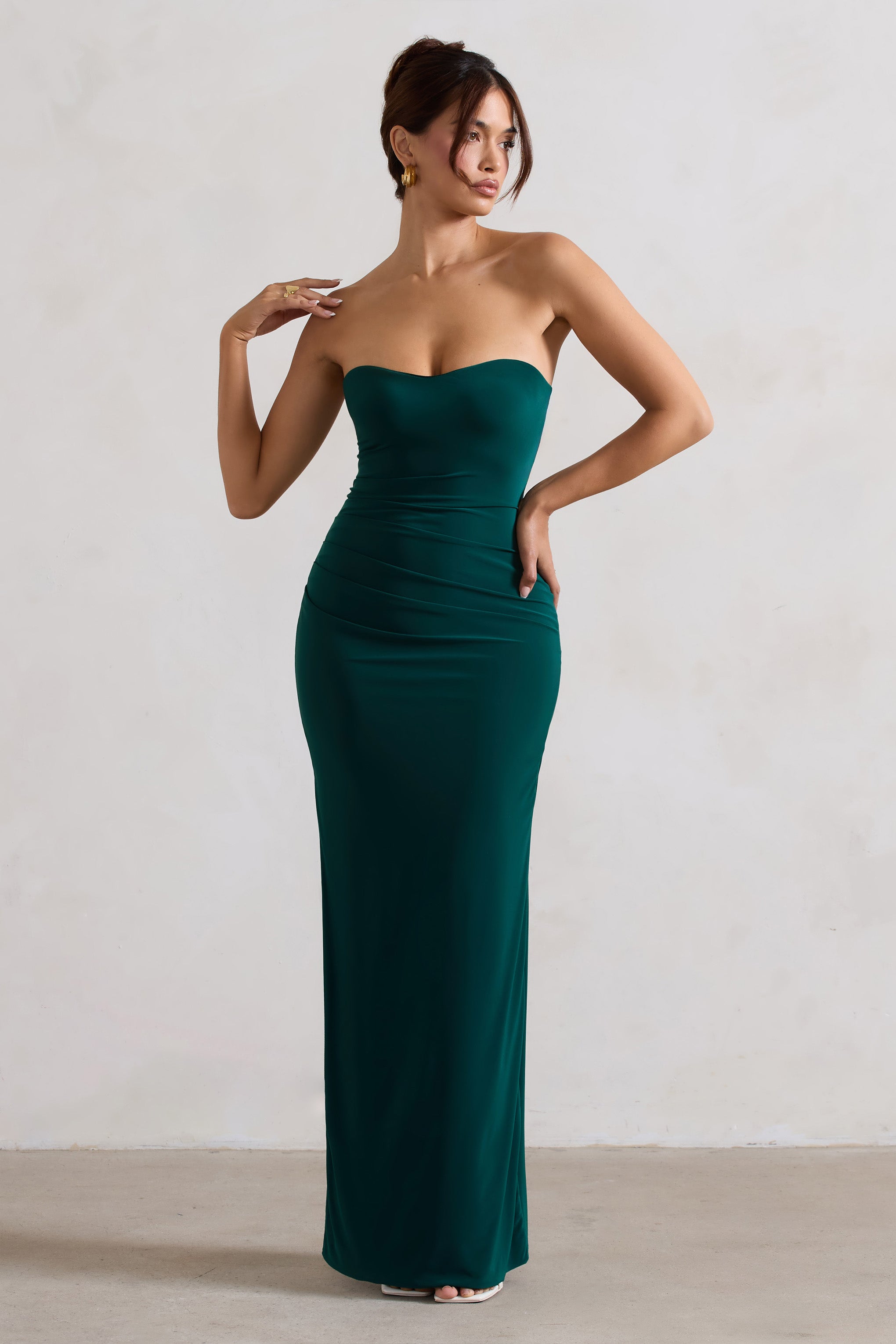 Manon Bottle Green Sweetheart Bandeau Maxi Dress With Thigh Split