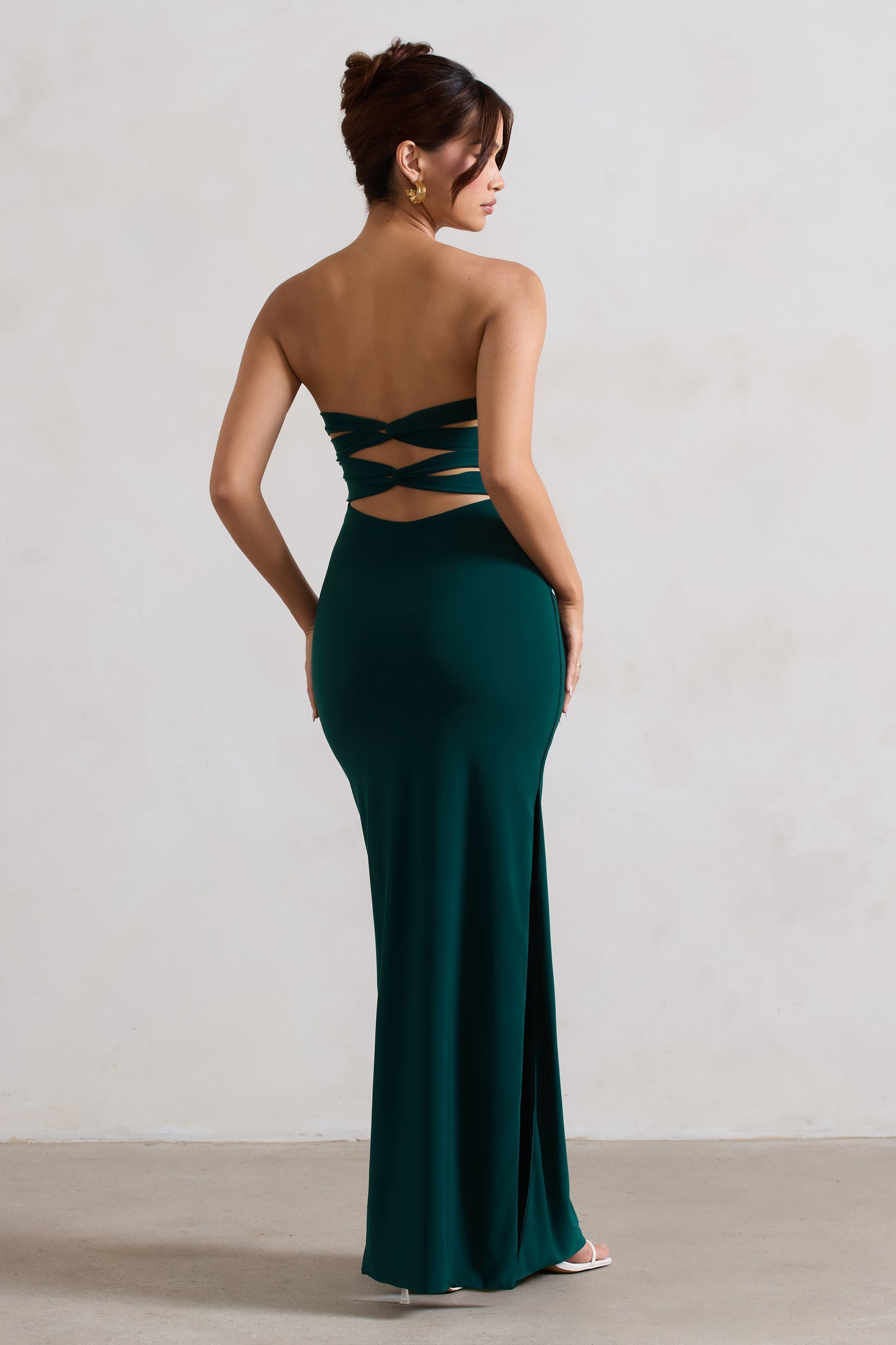 Manon Bottle Green Sweetheart Bandeau Maxi Dress With Thigh Split