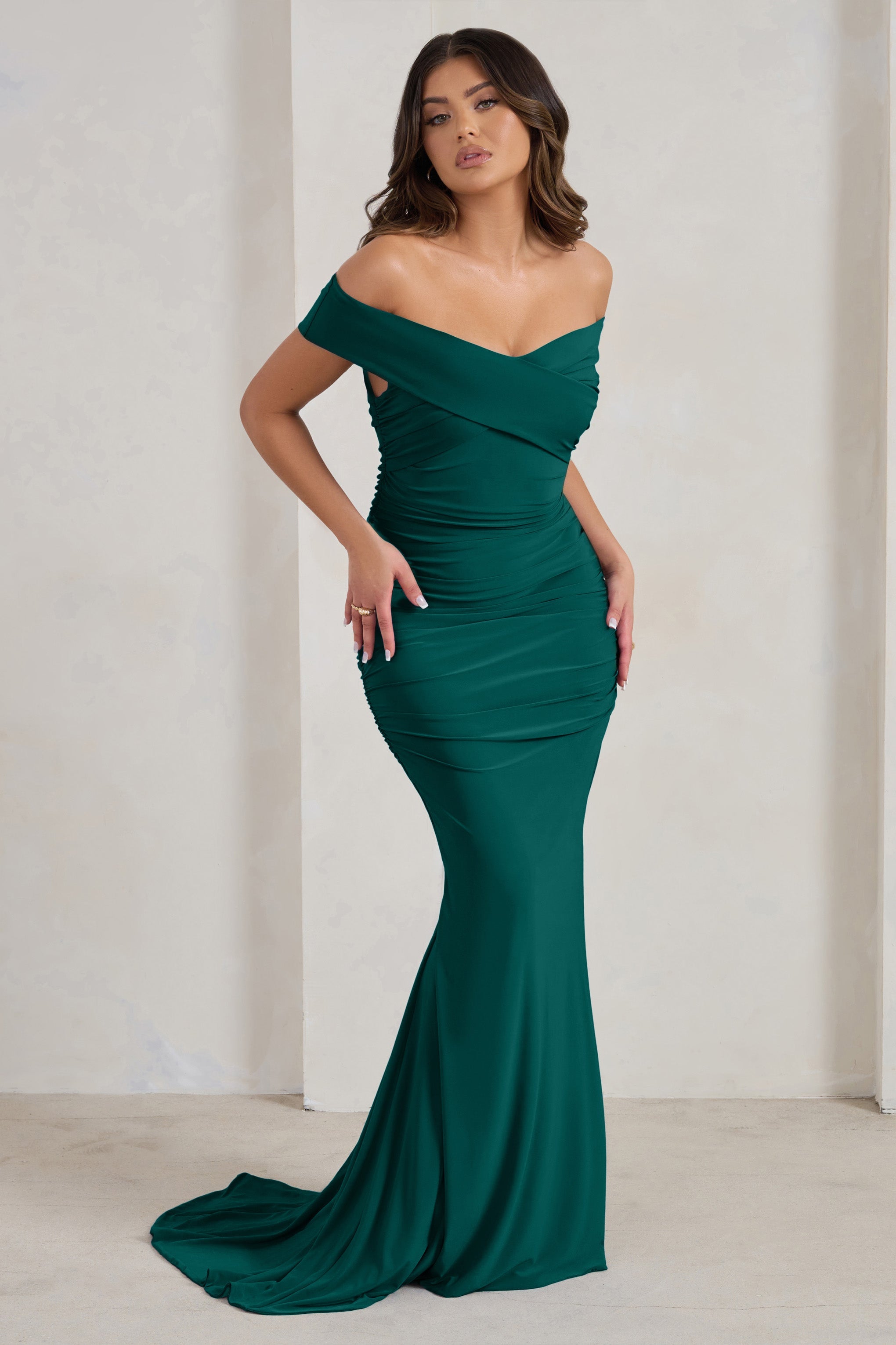 Apolline Bottle Green Off The Shoulder Ruched Fishtail Maxi Dress