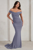 Apolline Grey Off The Shoulder Ruched Fishtail Maxi Dress