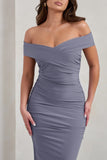 Apolline Grey Off The Shoulder Ruched Fishtail Maxi Dress