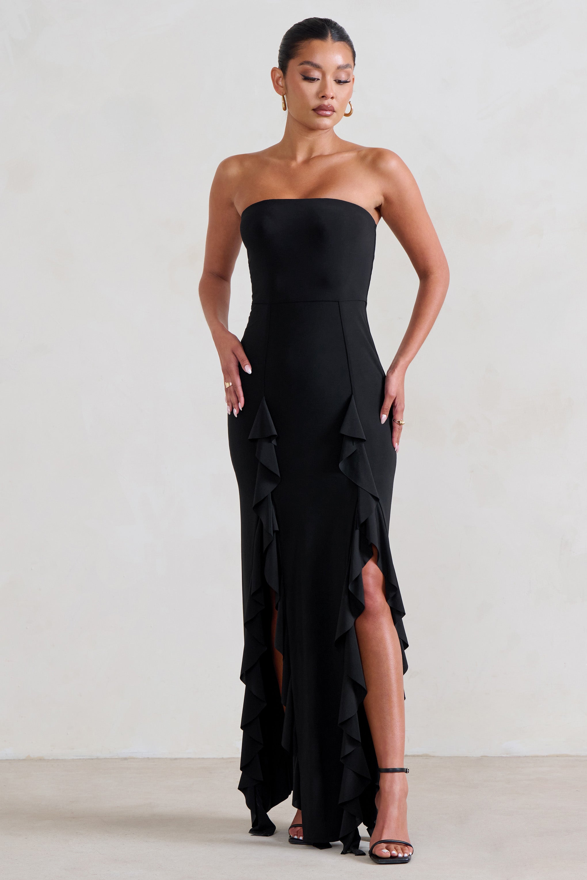 Susan Black Bandeau Maxi Dress With Ruffled Splits