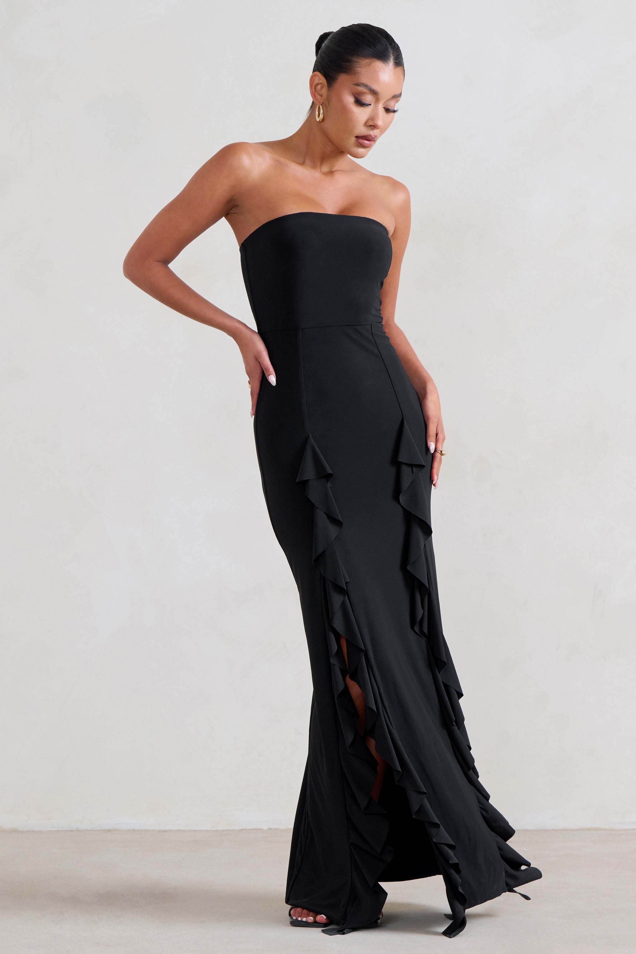 Susan Black Bandeau Maxi Dress With Ruffled Splits