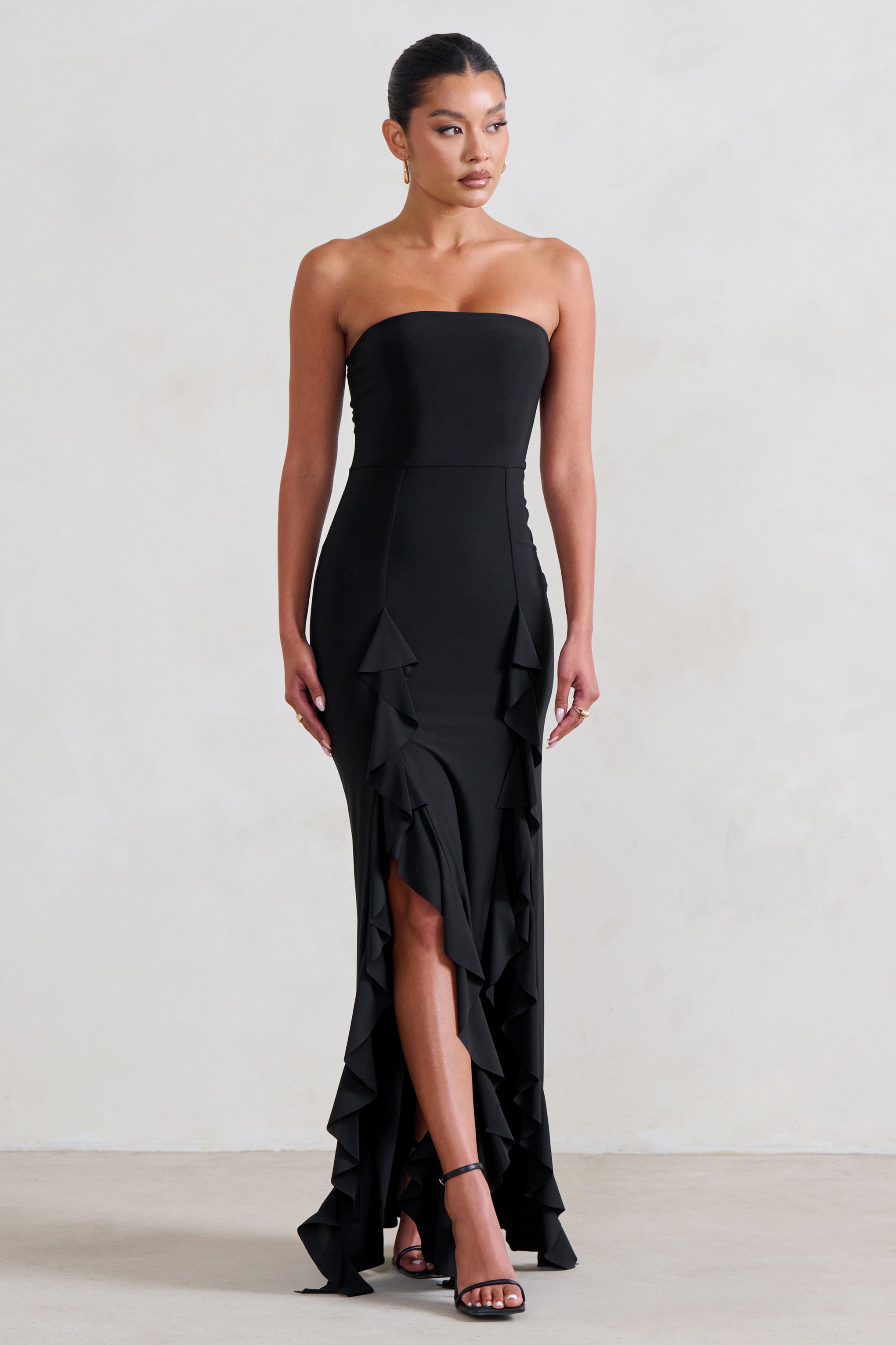 Susan Black Bandeau Maxi Dress With Ruffled Splits