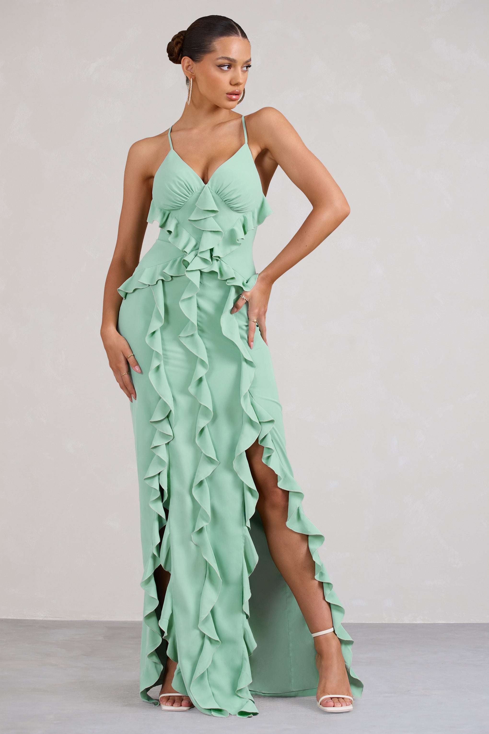 Syrah Mint Green Chiffon Ruffle Cami Maxi Dress