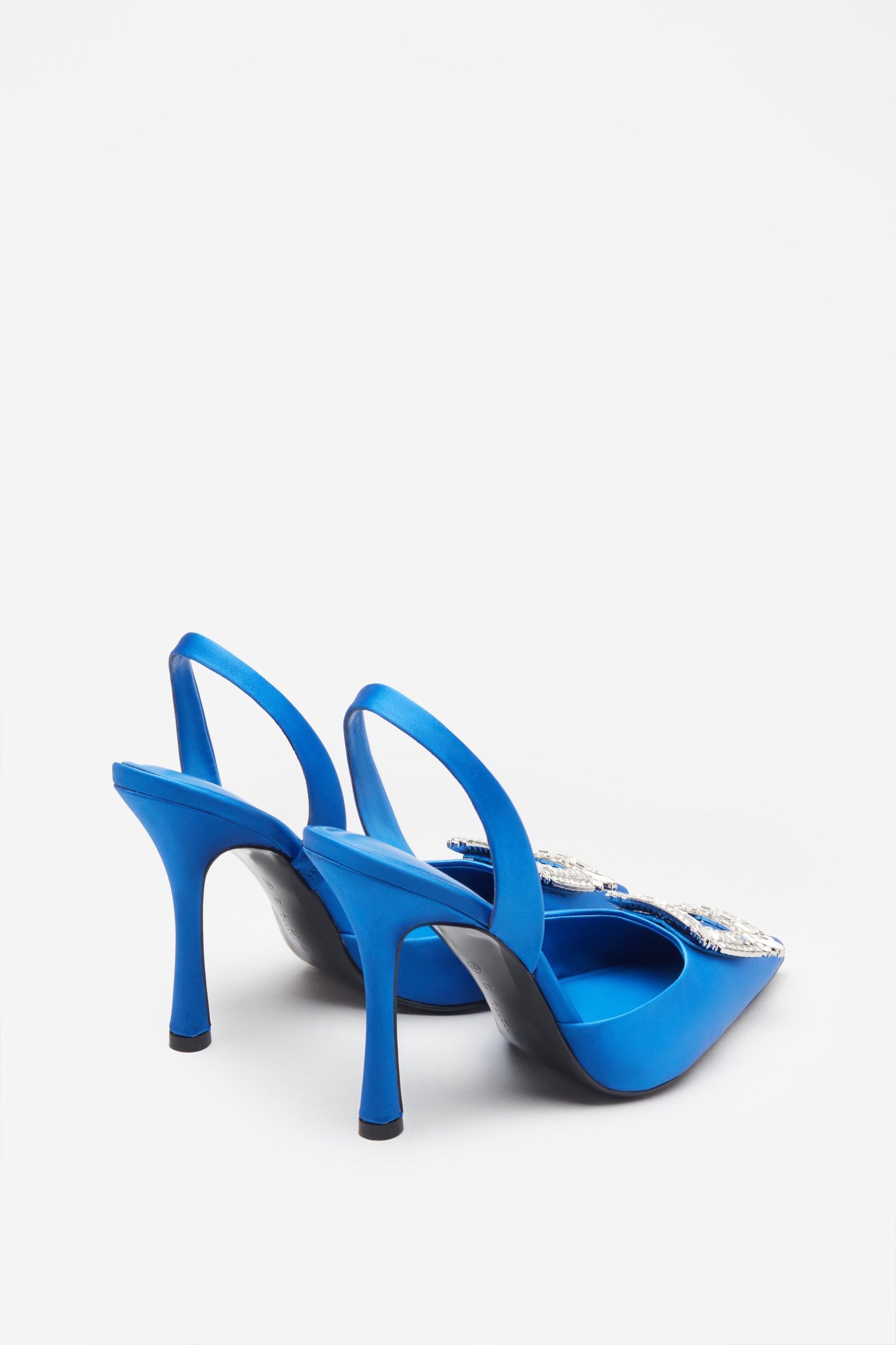 Just A Fling Blue Satin Sling Back Heels With Diamante Brooches