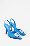 Just A Fling Blue Satin Sling Back Heels With Diamante Brooches