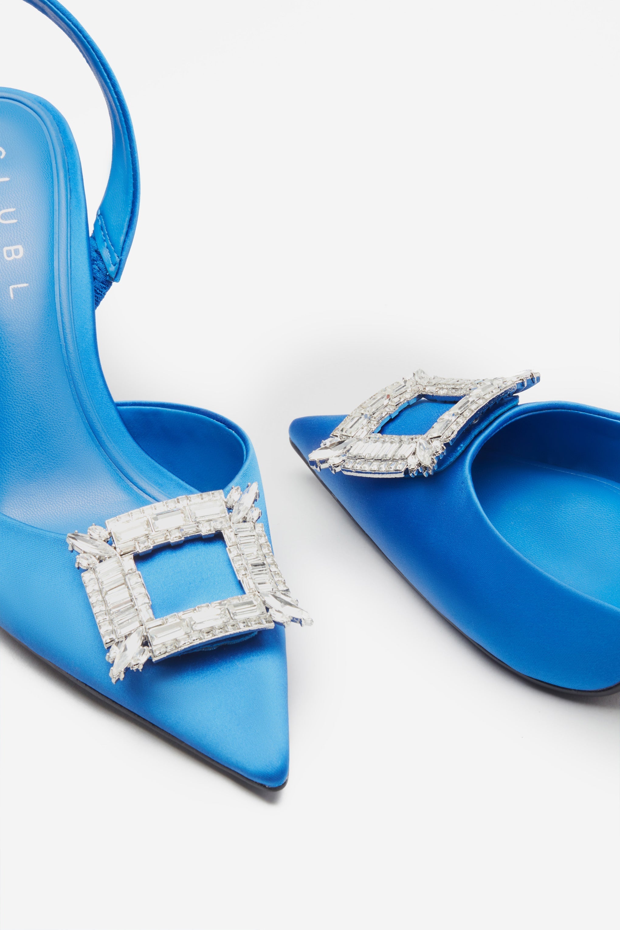 Just A Fling Blue Satin Sling Back Heels With Diamante Brooches