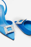 Just A Fling Blue Satin Sling Back Heels With Diamante Brooches