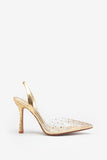 Covergirl Gold Diamante Sling Back Pointed Heels