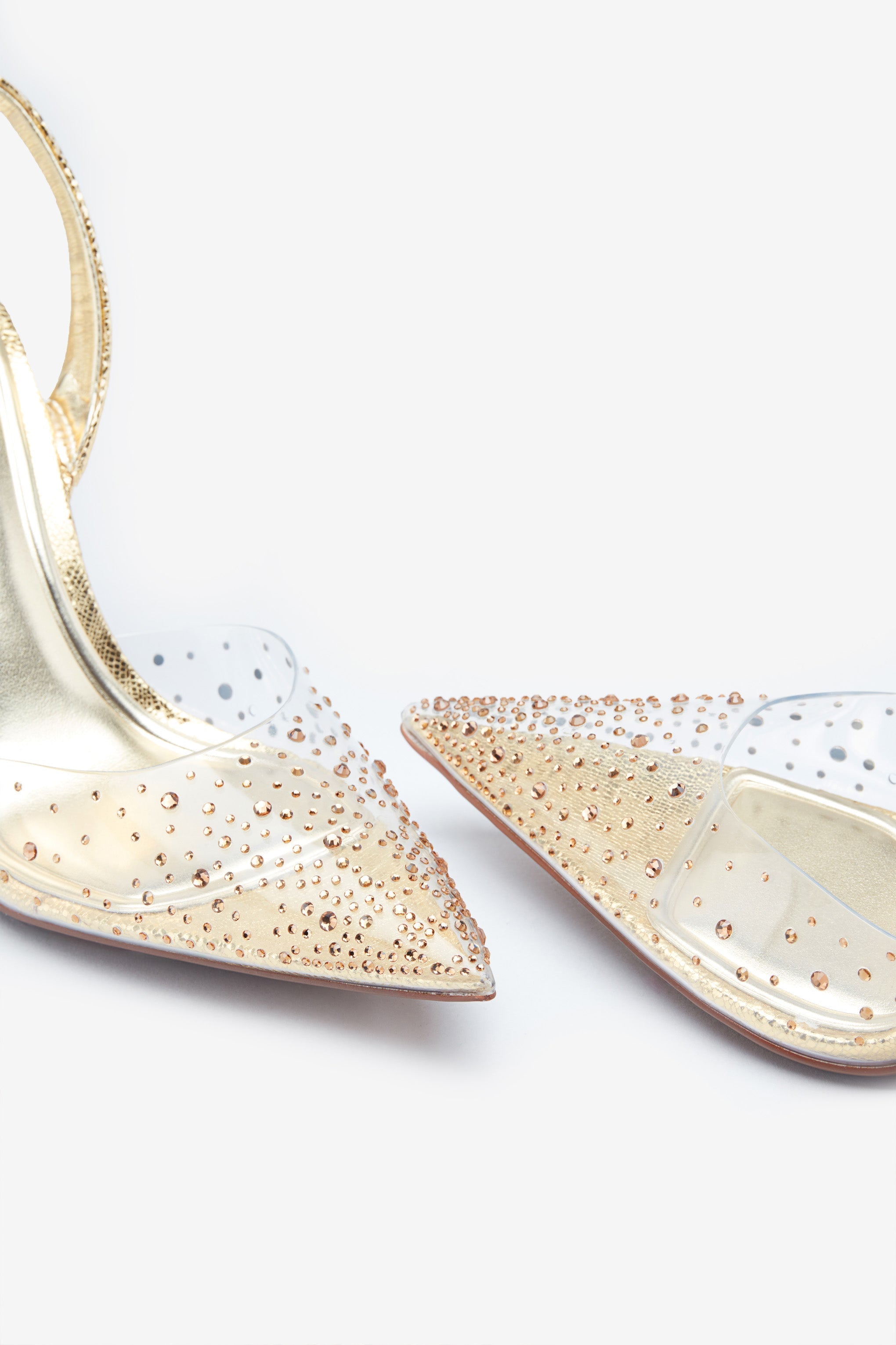 Covergirl Gold Diamante Sling Back Pointed Heels
