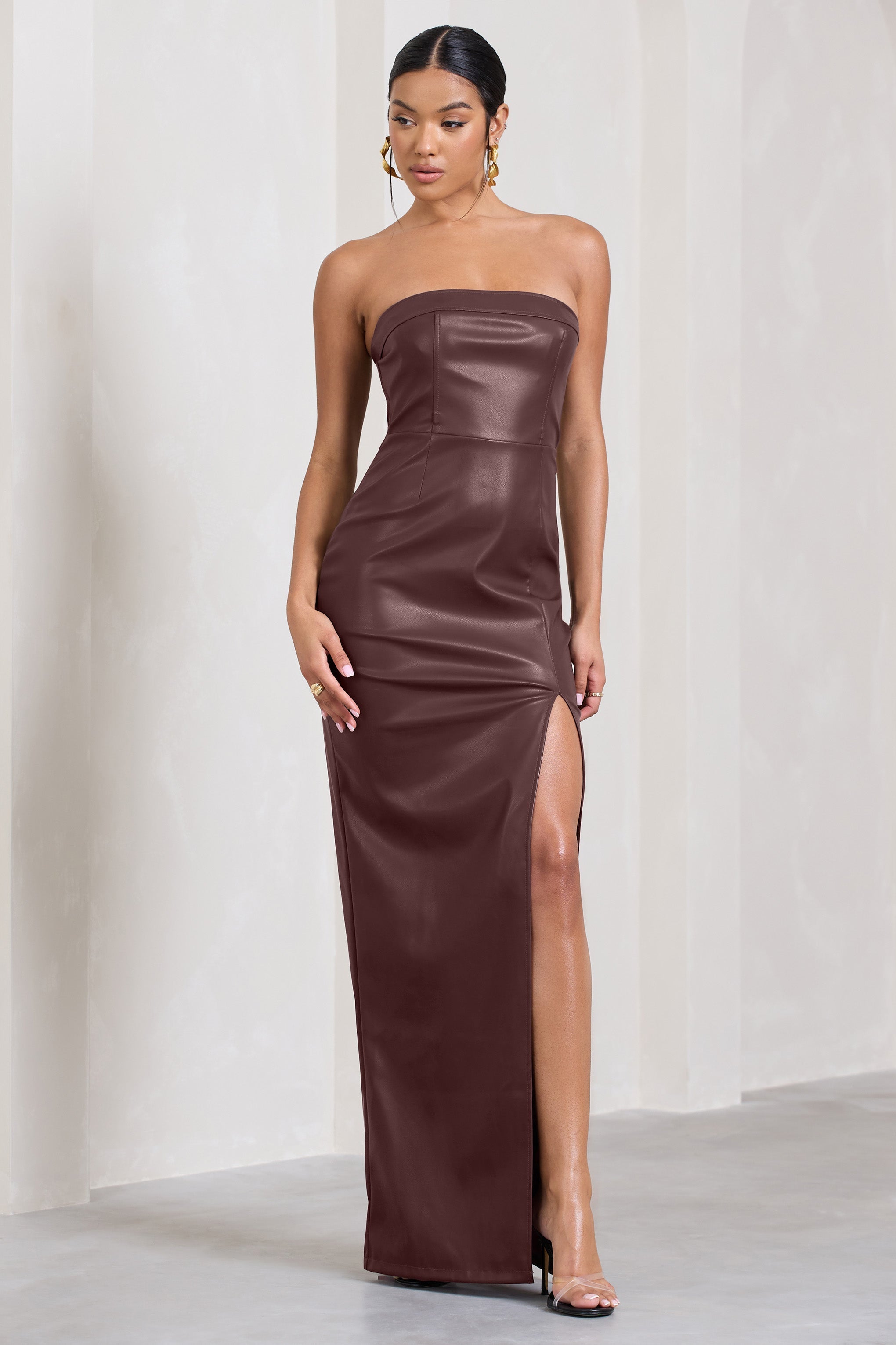 Marlene Burgundy Faux Leather Strapless Bandeau Split Maxi Dress