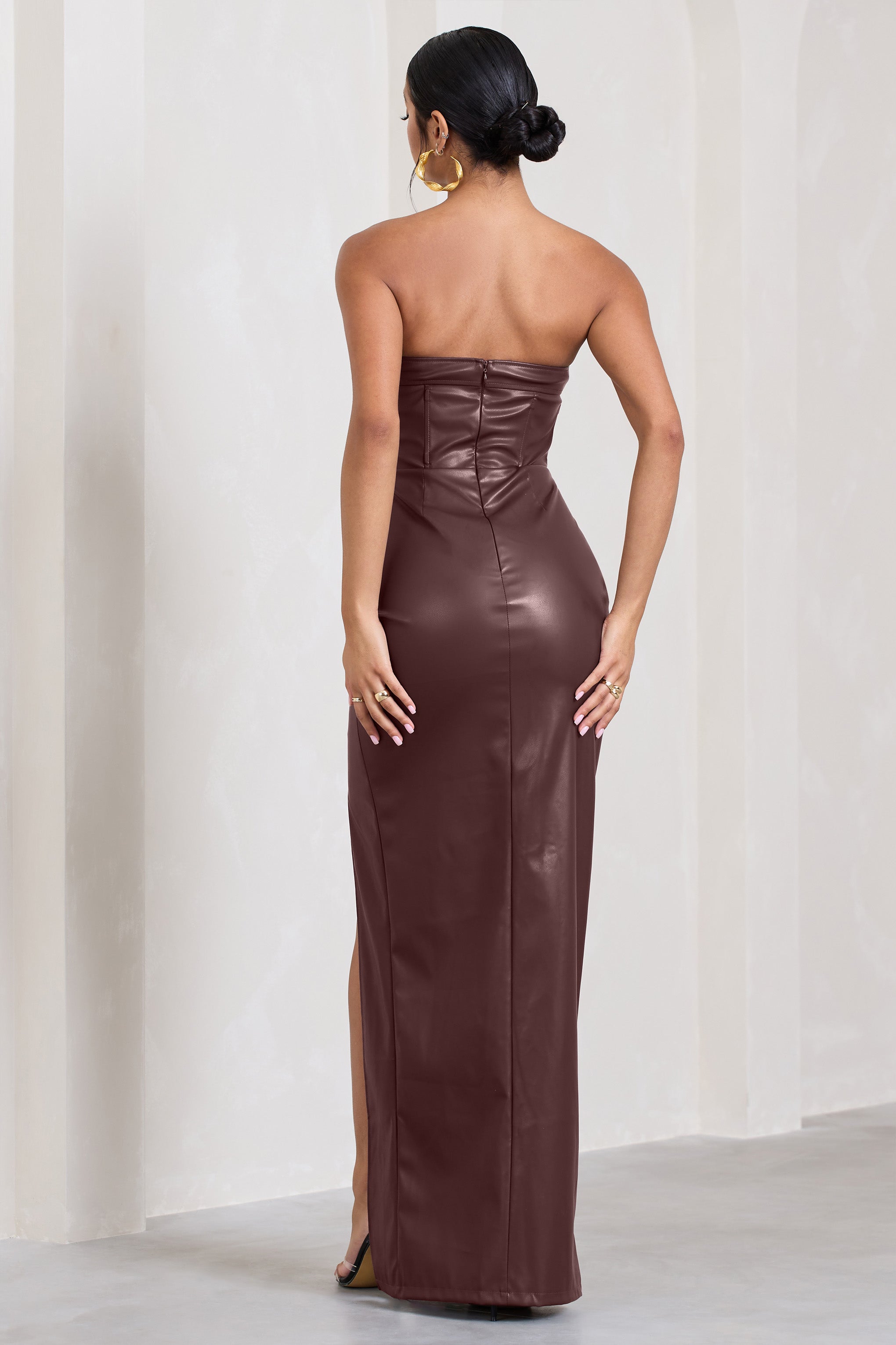 Marlene Burgundy Faux Leather Strapless Bandeau Split Maxi Dress