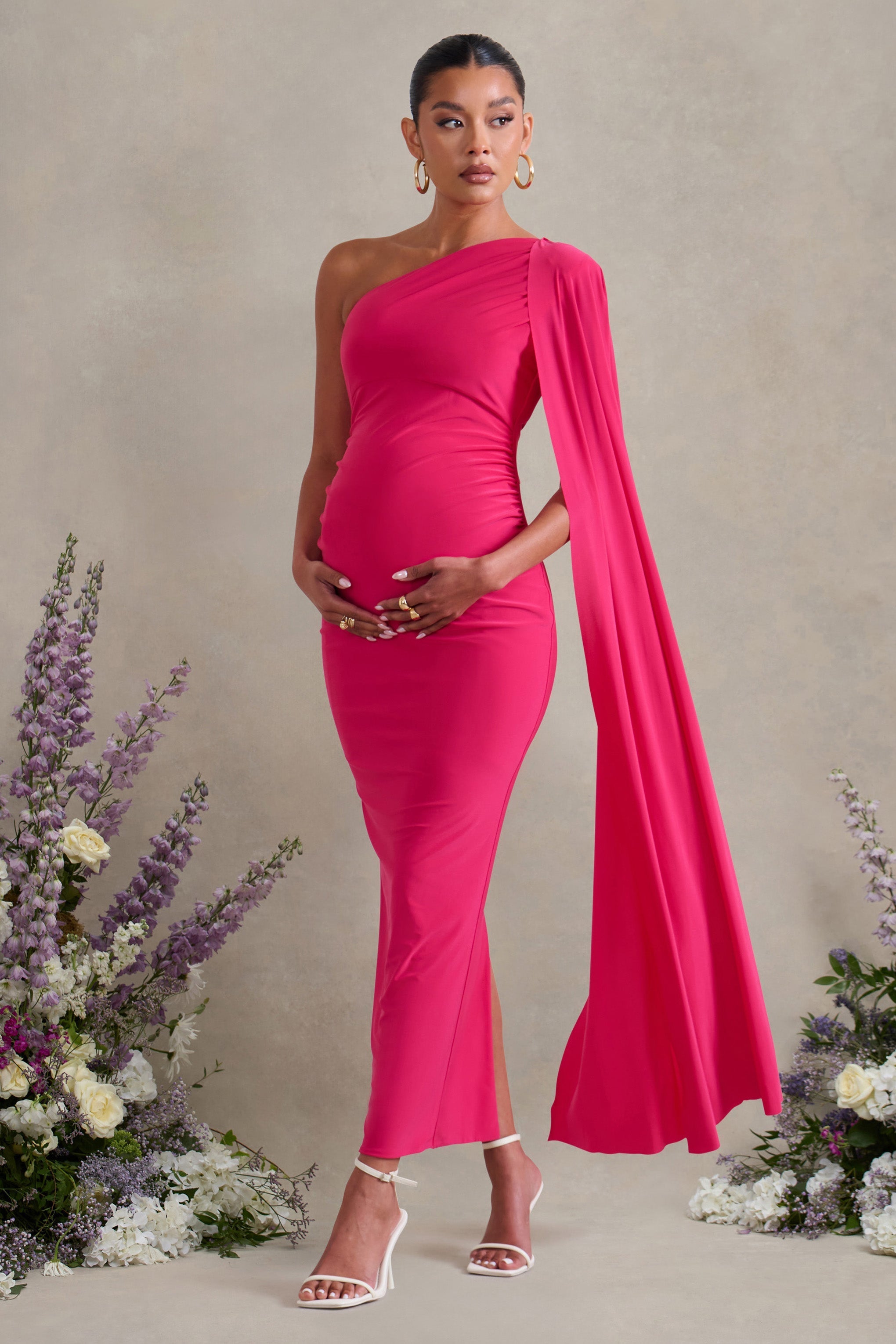 Amaryllis Hot Pink Maternity One Shoulder Maxi Dress with Cape Sleeve