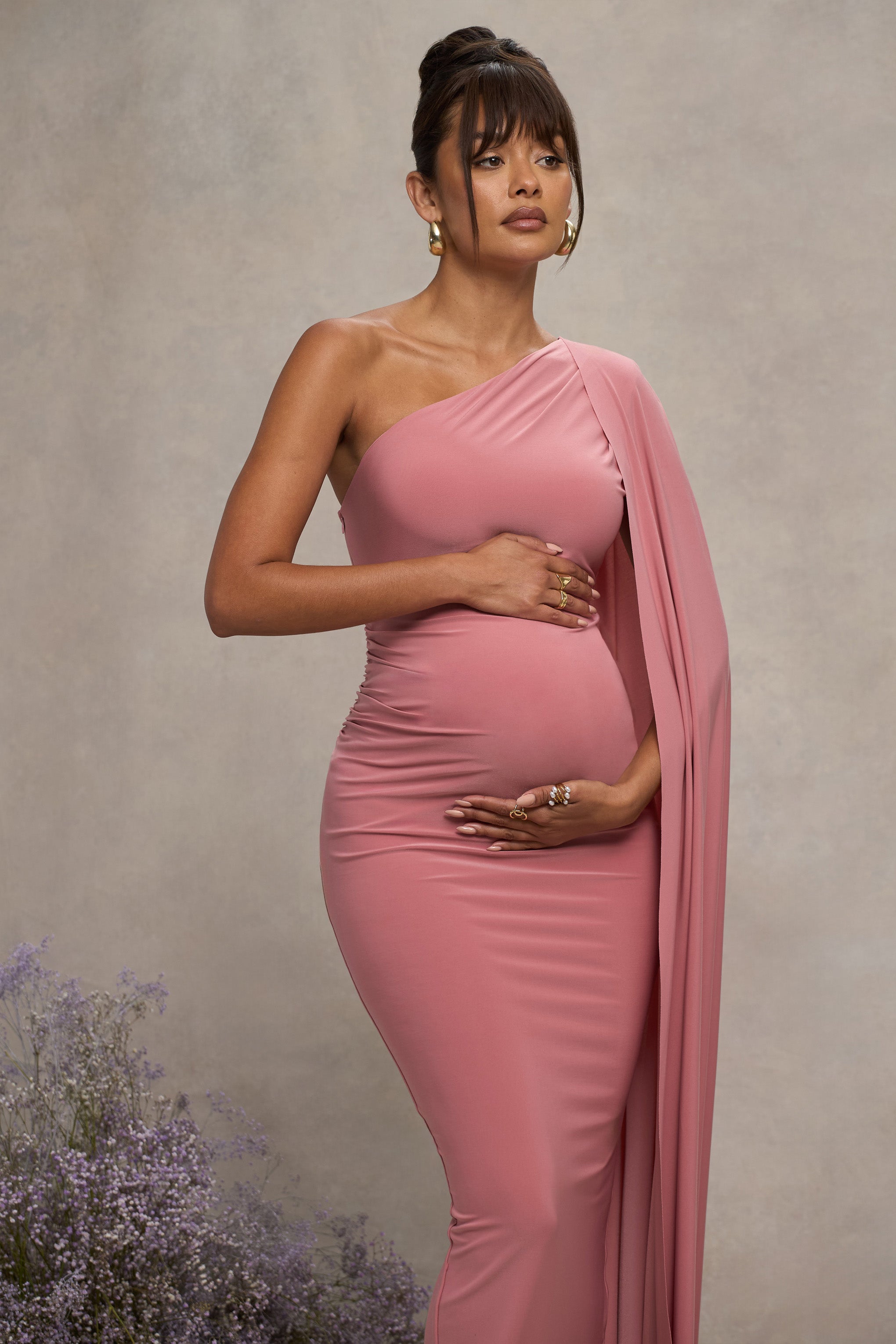 Amaryllis Blush Pink Maternity One Shoulder Maxi Dress with Cape Sleeve