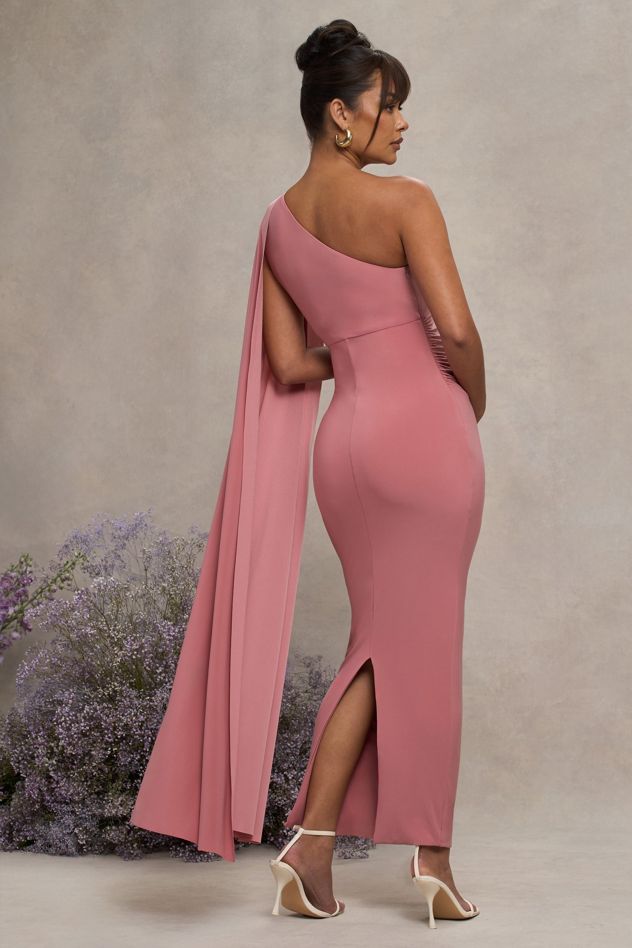 Amaryllis Blush Pink Maternity One Shoulder Maxi Dress with Cape Sleeve