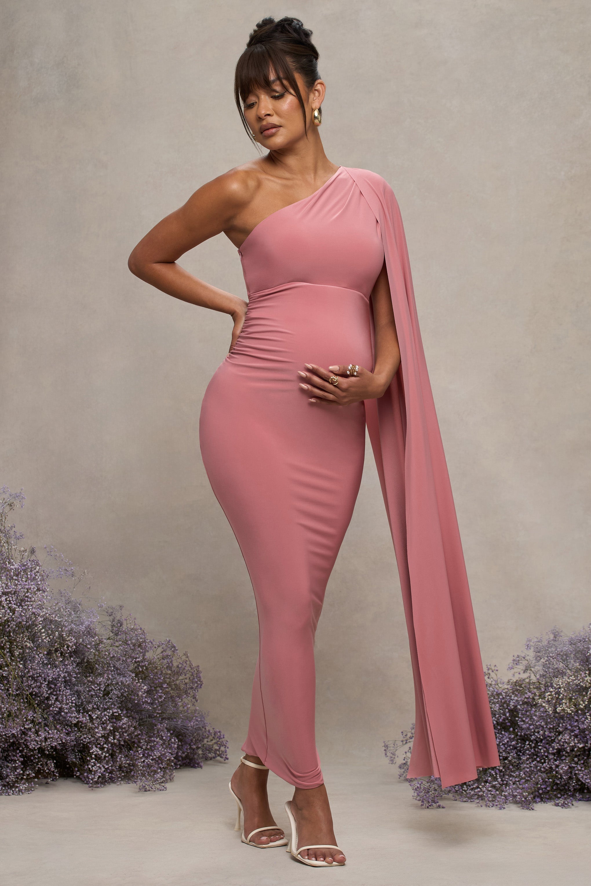 Amaryllis Blush Pink Maternity One Shoulder Maxi Dress with Cape Sleeve