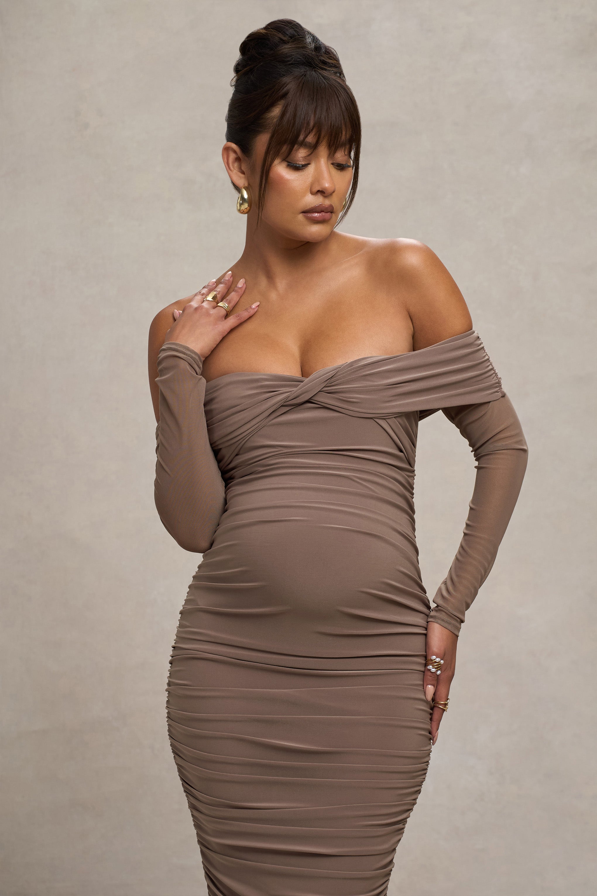 Neva Mocha Bardot Twist Maternity Midi Dress