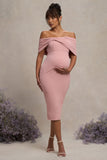 Alyssa Blush Bardot Bow Maternity Midi Dress with Ruching