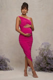 Late Night Hot Pink Maternity Ruched One Shoulder Midi Dress