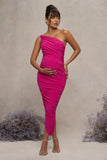 Late Night Hot Pink Maternity Ruched One Shoulder Midi Dress