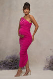 Late Night Hot Pink Maternity Ruched One Shoulder Midi Dress