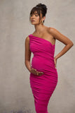 Late Night Hot Pink Maternity Ruched One Shoulder Midi Dress