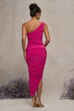 Late Night Hot Pink Maternity Ruched One Shoulder Midi Dress