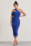 Cici Cobalt Blue Asymmetric One Shoulder Ruched Midi Dress
