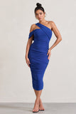 Cici Cobalt Blue Asymmetric One Shoulder Ruched Midi Dress