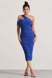 Cici Cobalt Blue Asymmetric One Shoulder Ruched Midi Dress