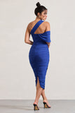Cici Cobalt Blue Asymmetric One Shoulder Ruched Midi Dress