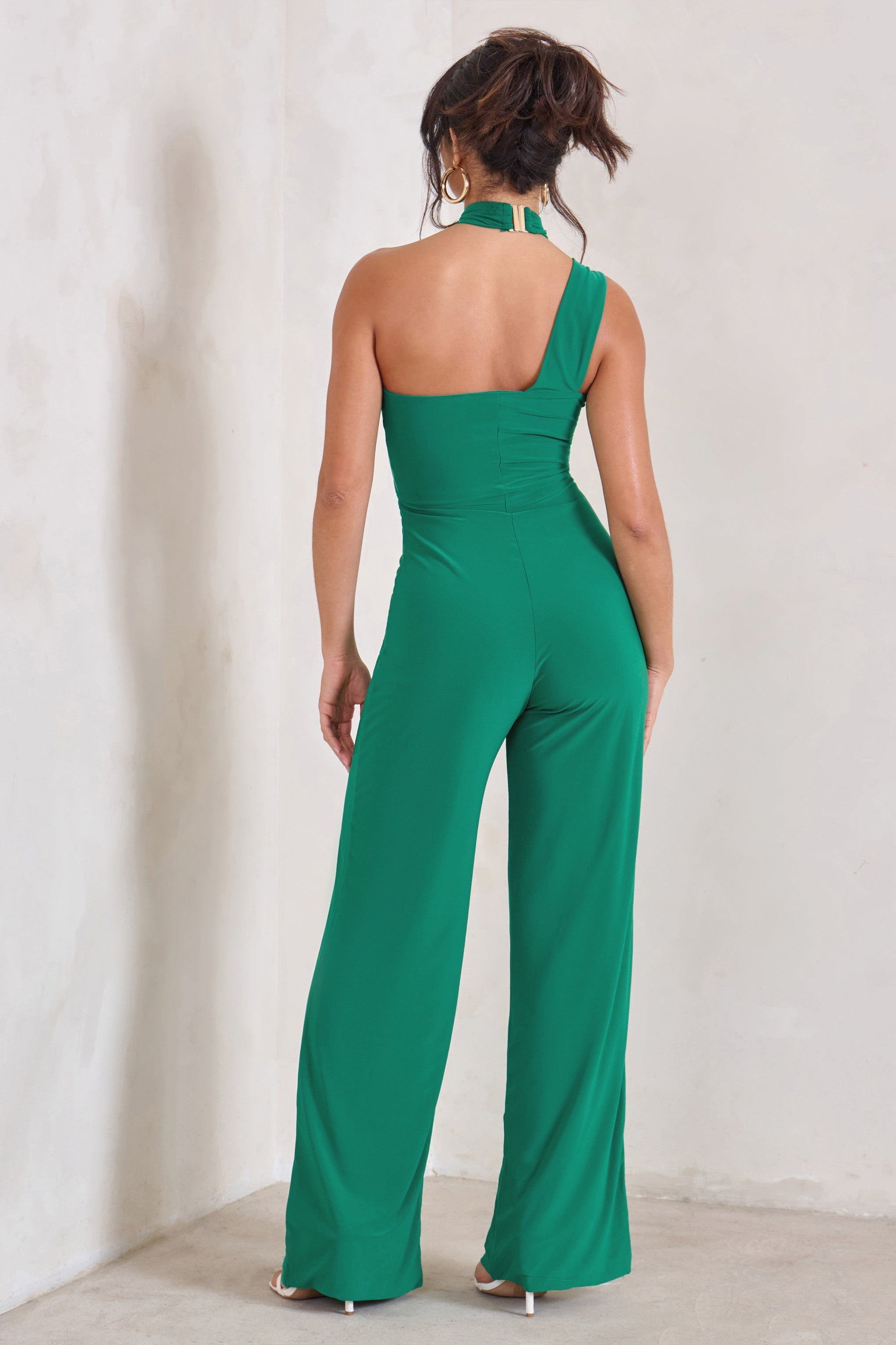 Tilly Green Cut Out Halterneck Asymmetrical Jumpsuit