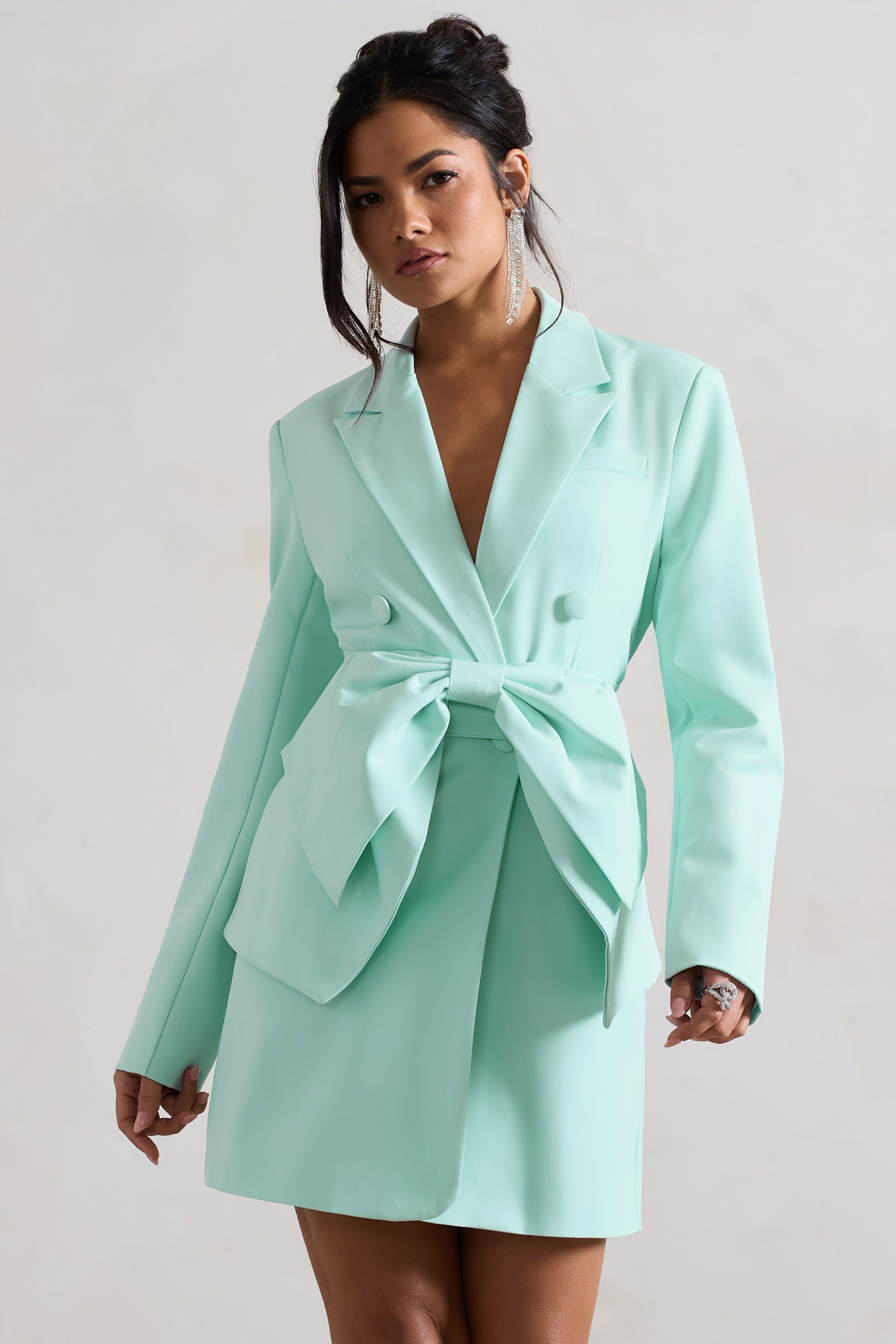 Prized Mint Green Tailored Blazer Dress With Bow